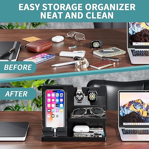 Miniatura 6 de Yirilan Wood Phone Docking Station for Man, Nightstand Charging Organizer and Cell Phone Stand, Birthday Gifts for Men, Dad, Anniversary, Key Black