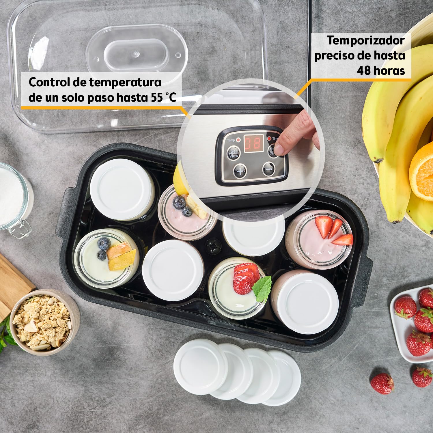 TZS First Austria - Yogurtera eléctrica 25W con 8 vasitos de vidrio de 180 ml para hasta 1,4L de yogur casero - Con temperatura de 20-55°C, apagado automático y pantalla LCD - Blanco