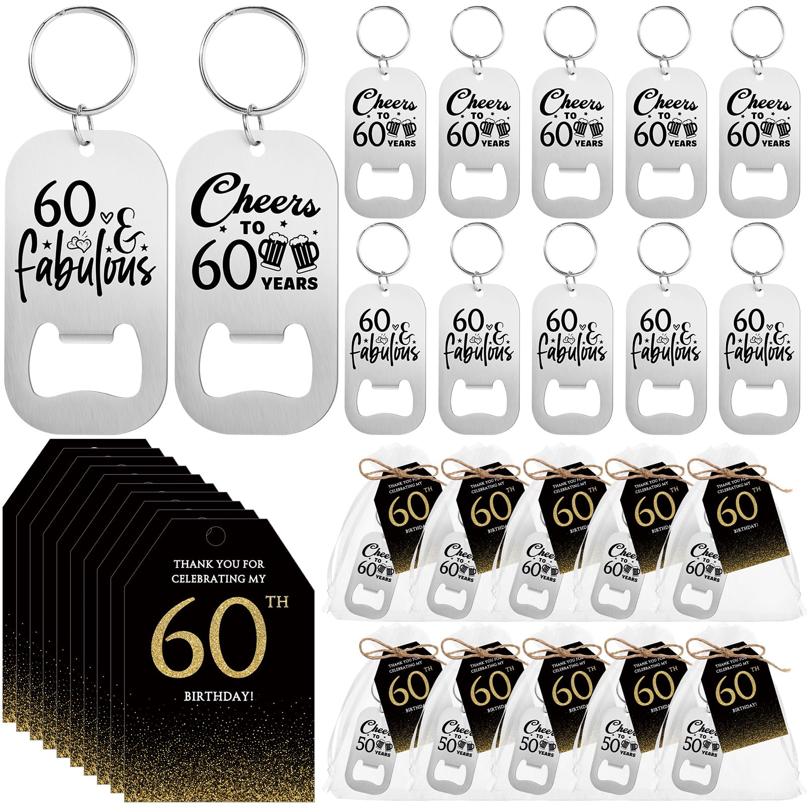Tioncy 50 Set 60th Birthday Party Favors Beer Opener Keychain with Thank You Cards Organza Bag Birthday Souvenirs for Guests Anniversary Party