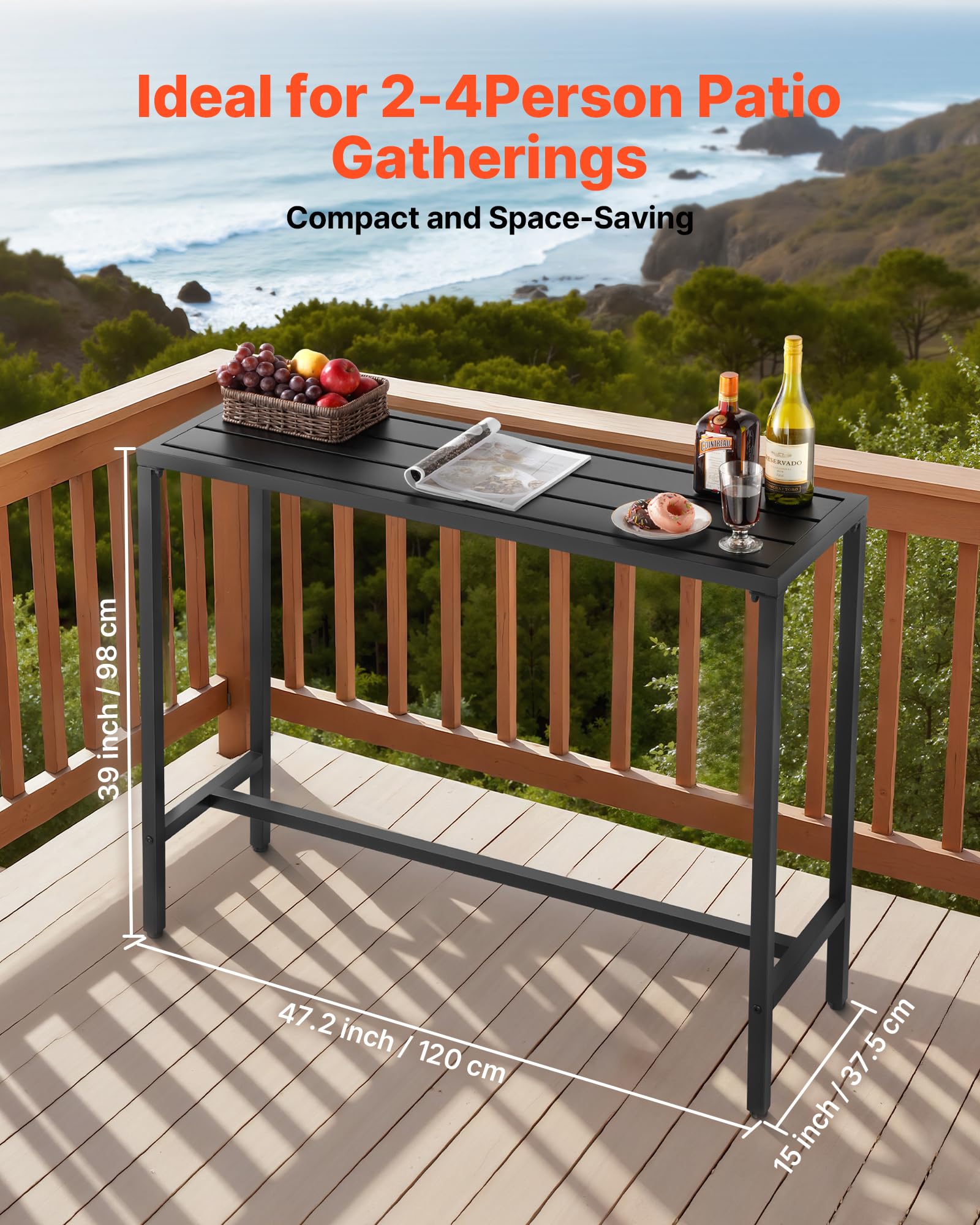 VEVOR Bartisch, 1200 x 375 x 980 mm, Bistrotisch, Stehtisch mit Metallgestell, rechteckige Esstische, Küchentisch, Tresentisch, Partytisch, Gartenmöbel für Balkon, Garten, Poolrand