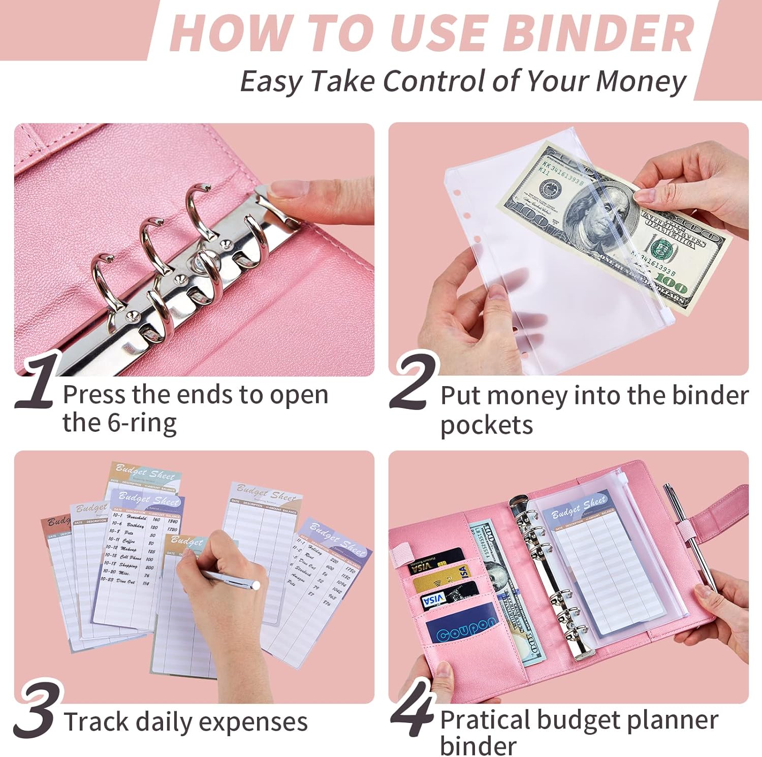 A6 Cash Envelope Budget Binder - PU Leather Loose-leaf Notebook Binder with 12 Zipper Envelopes & Expense Tracker & Writable Labels, Pink Budget Wallet Planner Organizer for Money Receipt Coupon : Office Products