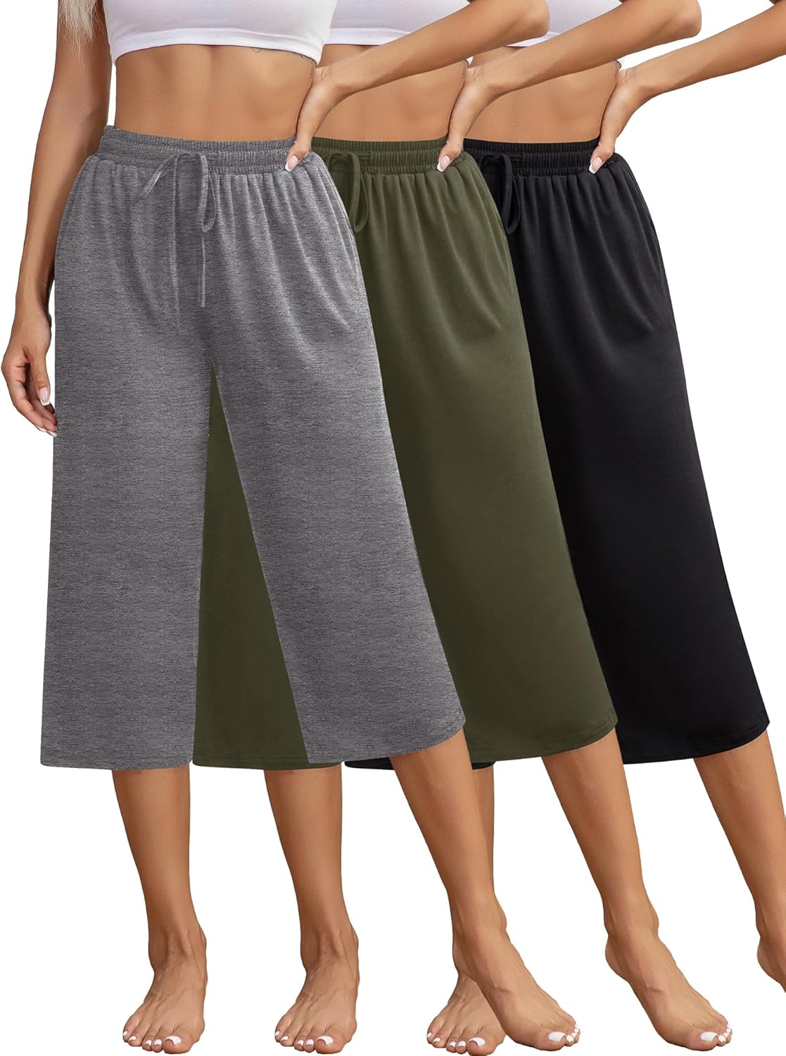 3 Pack Women Capri Pants Casual Drawstring Yoga Sweatpants Loose Soft Wide Leg Pajama Pants with Pockets