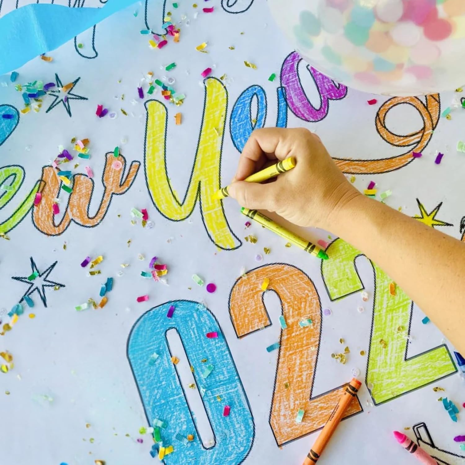 Creative Crayons Workshop - Happy New Year Coloring Tablecloth | Huge 3' x 6' Personalized Banner or Poster for Kids | New Year Party Decor, Table Cover, or Activity Sheet | Made in USA