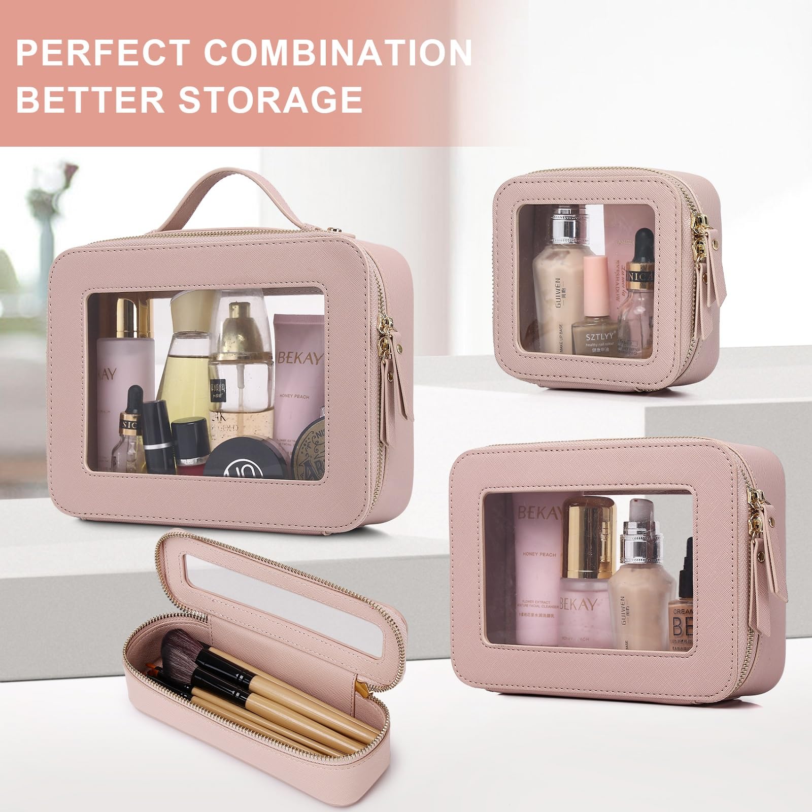 Pinkmik Durchsichtige Make-up-Tasche, transparentes Reise-Set für Kosmetika und Toilettenartikel, Pinseltasche für Damen und transparente Autotasche mit Reißverschluss, D/Rosa, L+M+Mini, Transparentes