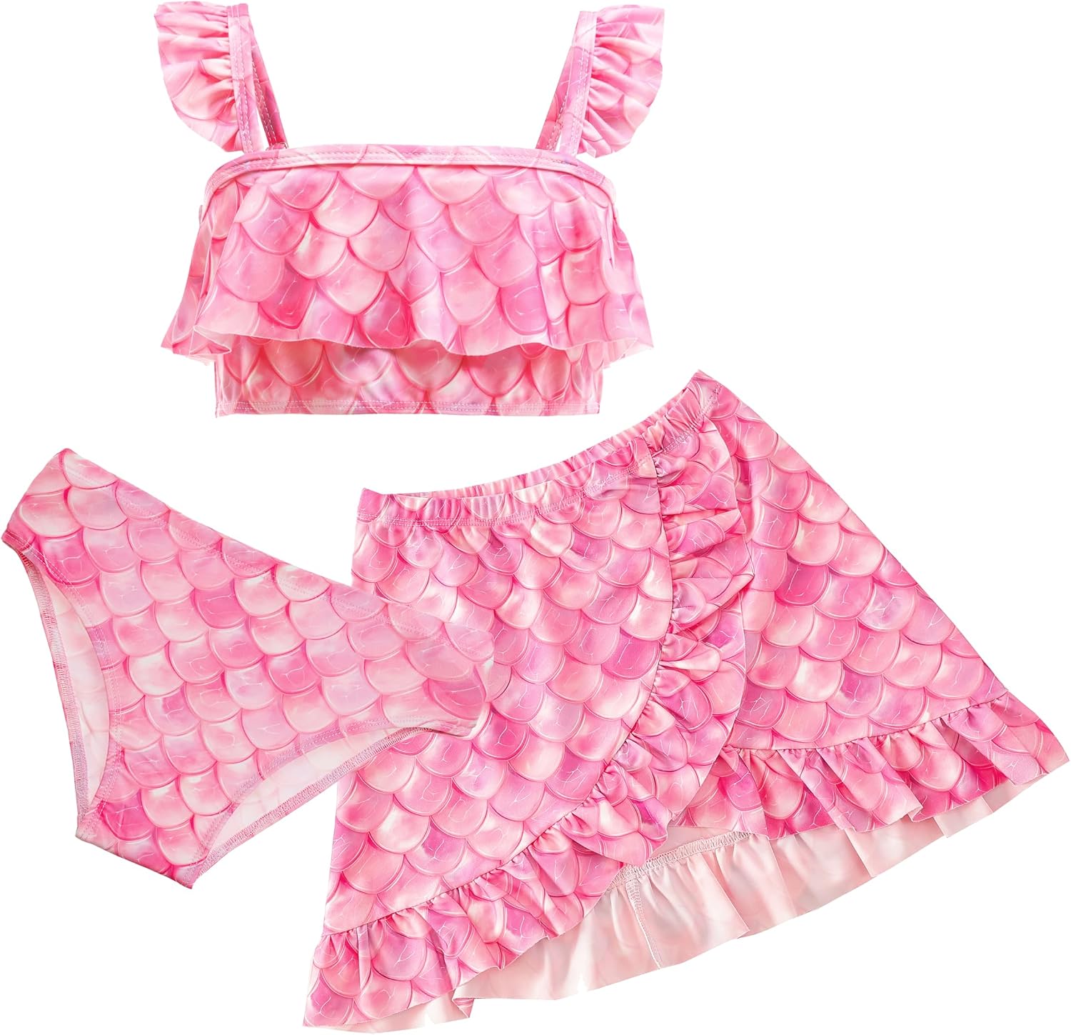 Girls Mermaid Swimsuit 3 Piece Bathing Suits, Adjustable Ruffled Bikini Top, with Cover up Skirt Fish Scale Design for 3-10Y