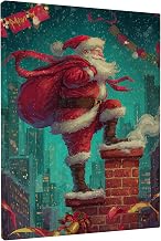 Santa Canvas Kitchen Wall Art, Christmas Festive Chimney Cityscape Christmas Red Wall Paintings Prints Hanging Art Home Dining Bedroom Living Room Restaurant Decor 8x10 Inch