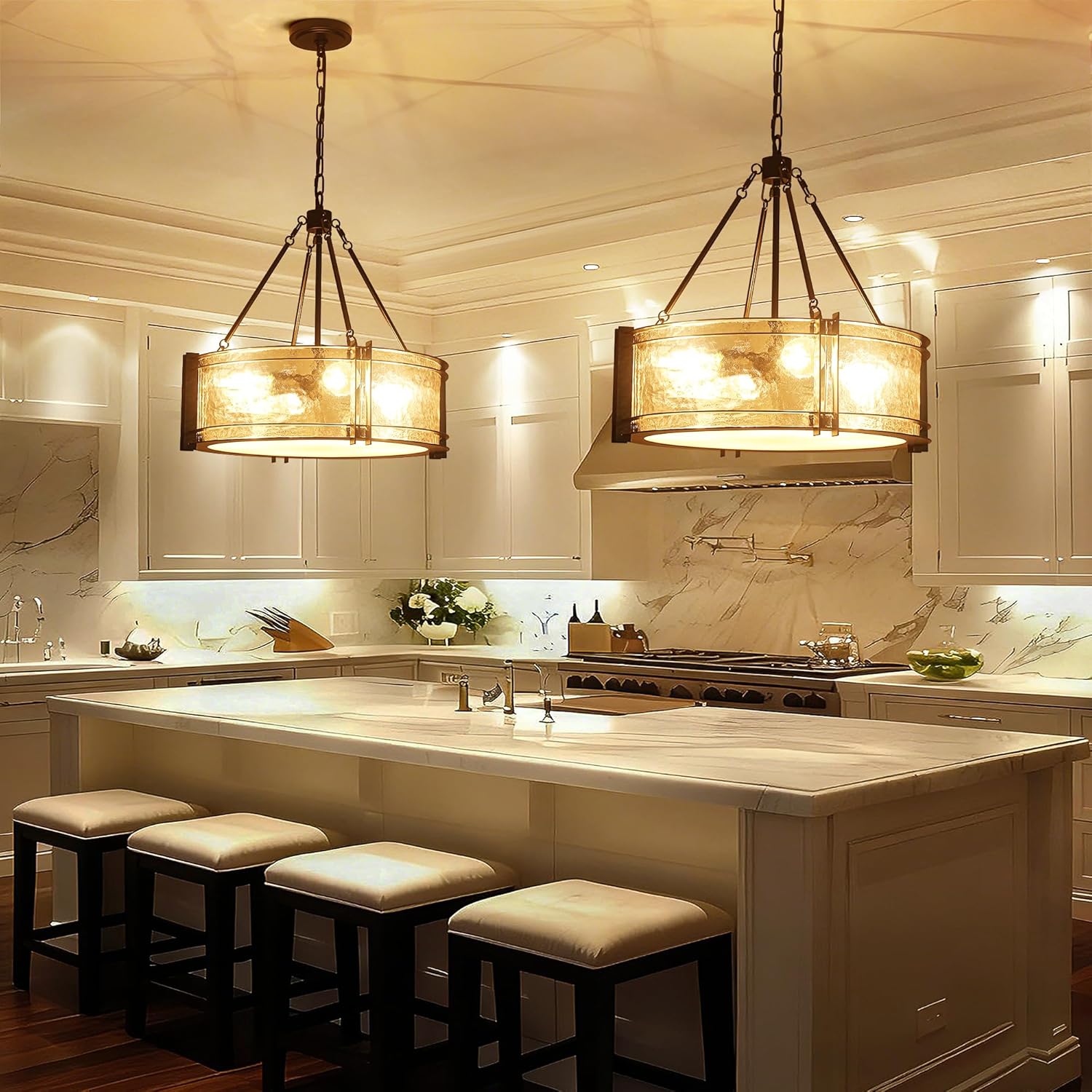 4-Light Black Texture Glass Drum Chandelier, 20.5" Modern Round Light Fixture for Dining Room Bedroom Foyer Living Room Entryway Kitchen