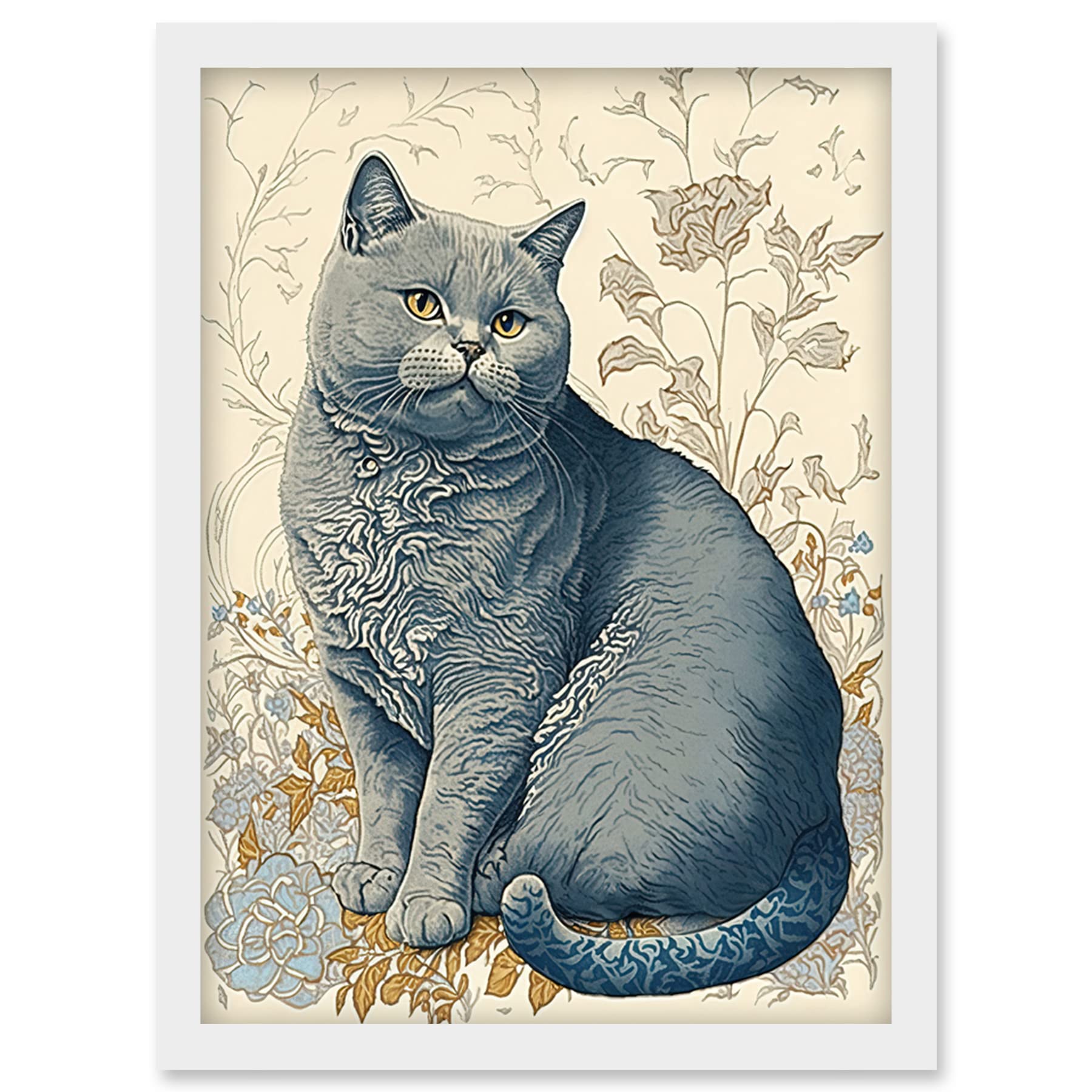Artery8 William Morris Inspired Cat Portrait with Flowers Modern Illustration Artwork Framed Wall Art Print A4