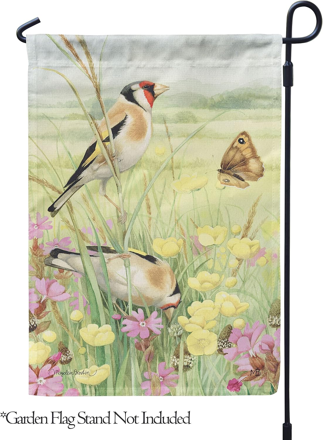 Flagology, Marjolein Bastin European Goldfinch in Meadow – Garden Flag 12" x 18", Outdoor Flag, Exclusive Premium Fabric, Spring