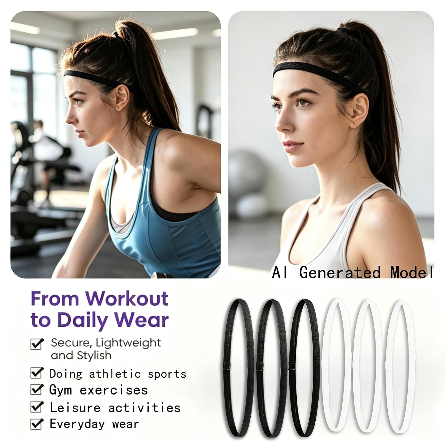 6 Pcs Workout Headbands for Men & Women - 0.4 Inch Elastic Sports Headband