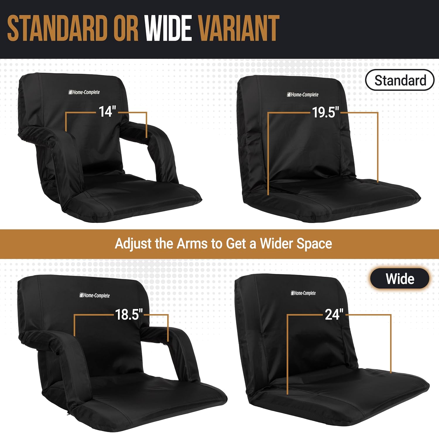 Stadium Seats - Bleacher Cushion with Padded Back Support and Armrests - 6 Reclining Positions Folding Stadium Chair with Carry Straps for Sports, Concerts, Camping, or Beach by Home-Complete