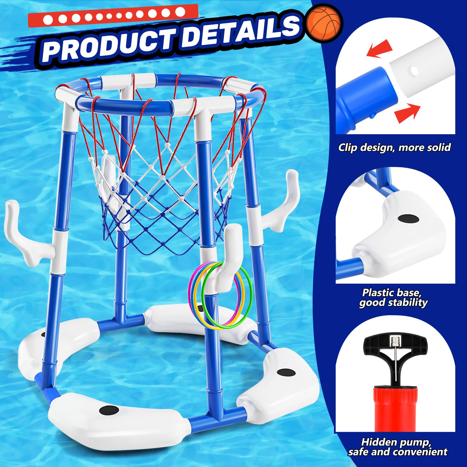 JONRRYIN Canestro da Piscina, 2 in 1 Canestro Galleggiante da Piscina, Giochi Piscina con 2 Palline e 12 Anelli con Pompa, Competizione Sportiva Acquatica, per Bambini e Adulti