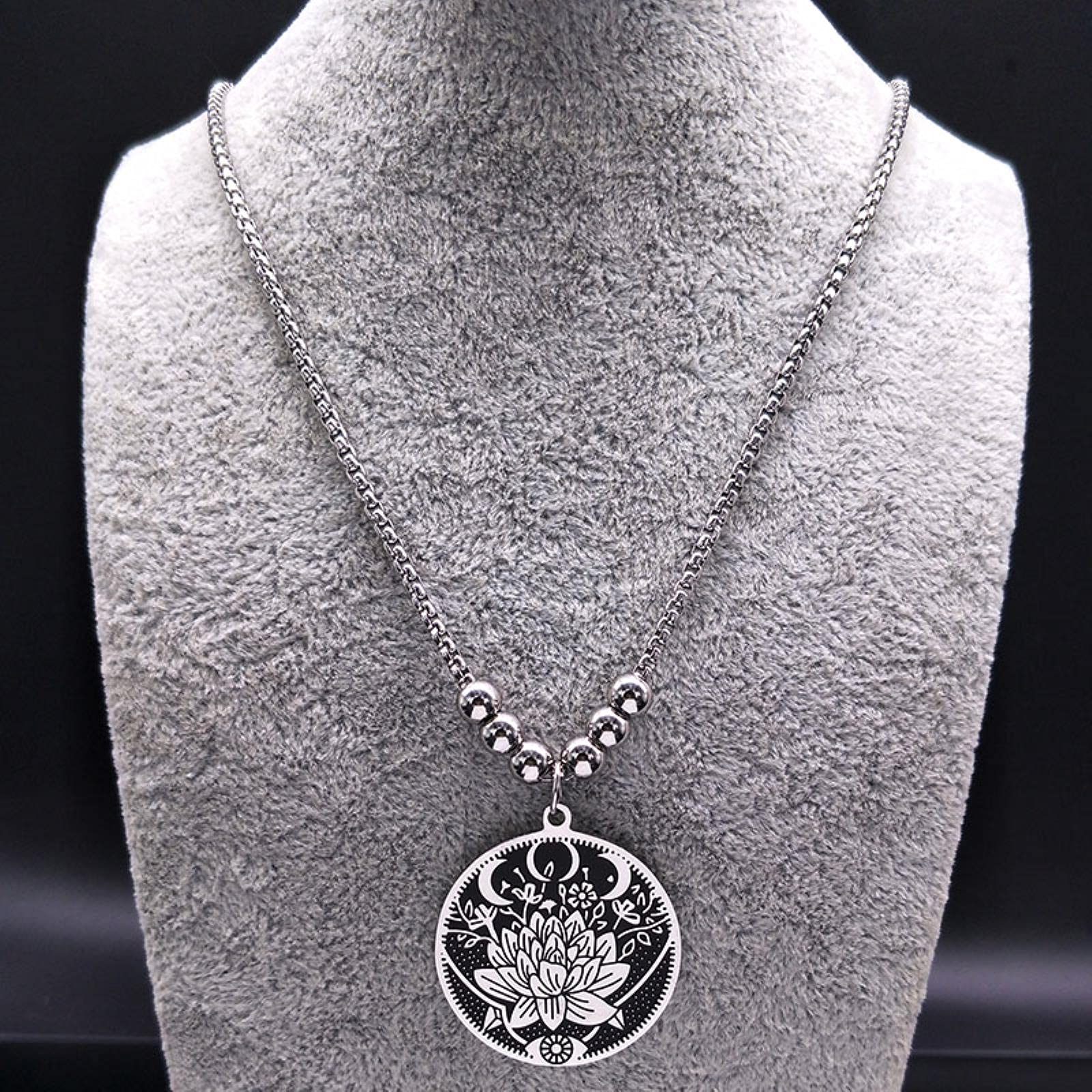 chaber Wicca Lotus Stainless Steel Necklaces Pendants for Men Black Silver Color Long Necklace Jewelry