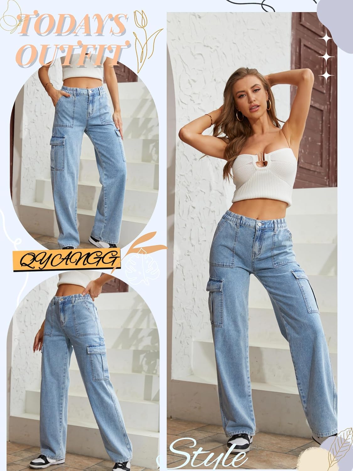 QYANGG High Waist Stretch Cargo Pants Women Baggy Multiple Pockets Relaxed Fit Straight Wide Leg Y2K Pants - Image 5