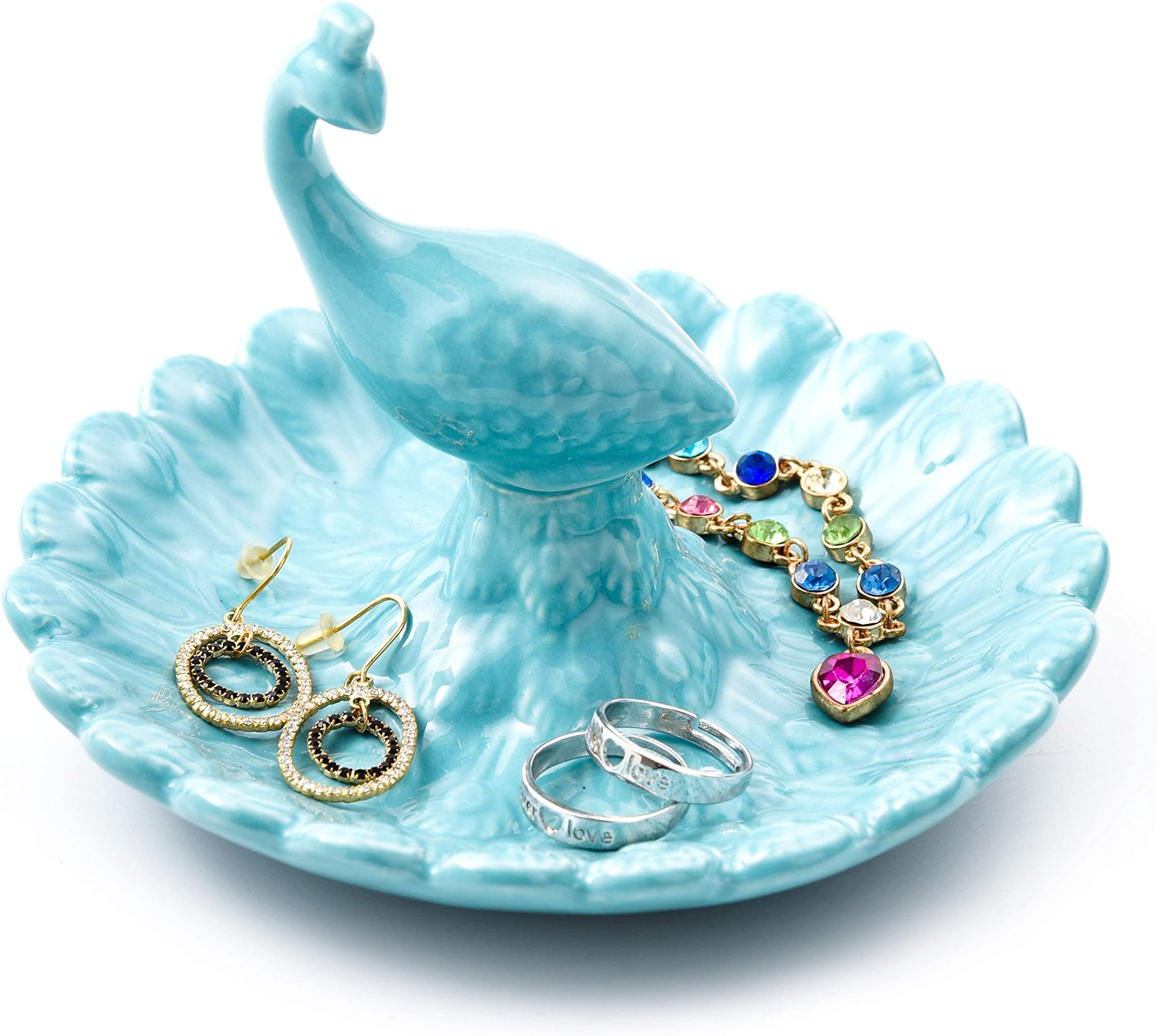 Cyan Ceramics Peacock Jewelry Tray Ring Holder Pretty Ceramic Peacock Organizer Jewelry Display Holder Ornaments Engagement and Wedding Ring Holder for Couples and Lovers