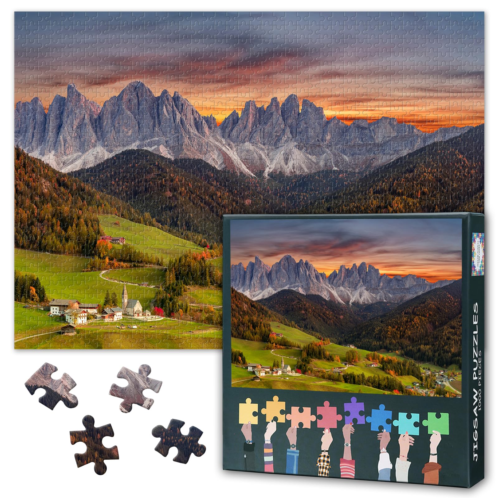 1000 Piece Puzzle for Adults - Italian Dolomites Landscape with Santa Maddalena Mountain Scenery Jigsaw Puzzles for Adults 1000 Pieces, 27.5x19.7 in