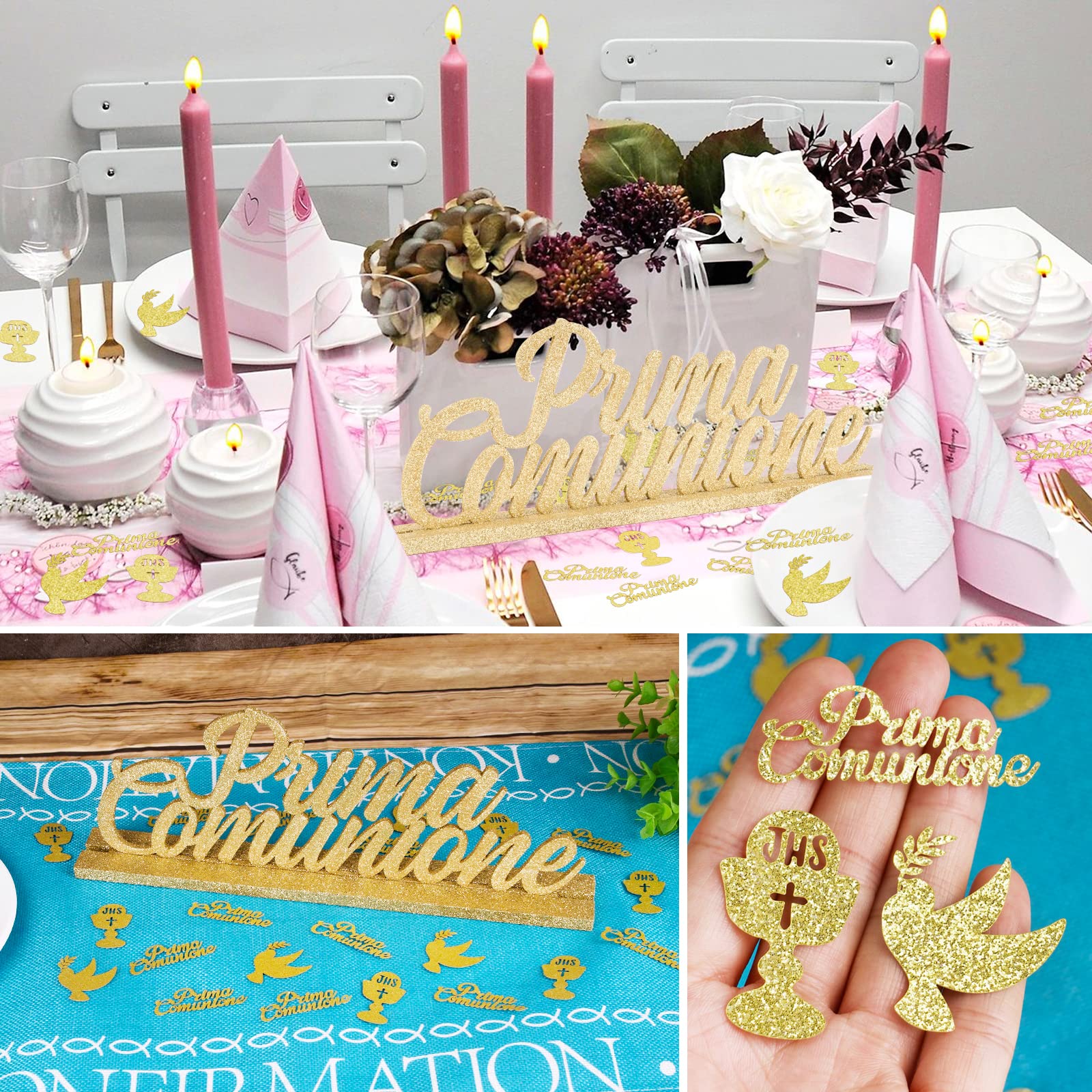 Gadget Comunione Bambino Decorazione Tavolo Prima Comunione - Centrotavola  Legno Oro E 60 Coriandoli, Calice E Piccione Bigliettini Bomboniere  Comunione, image size:1600x1600