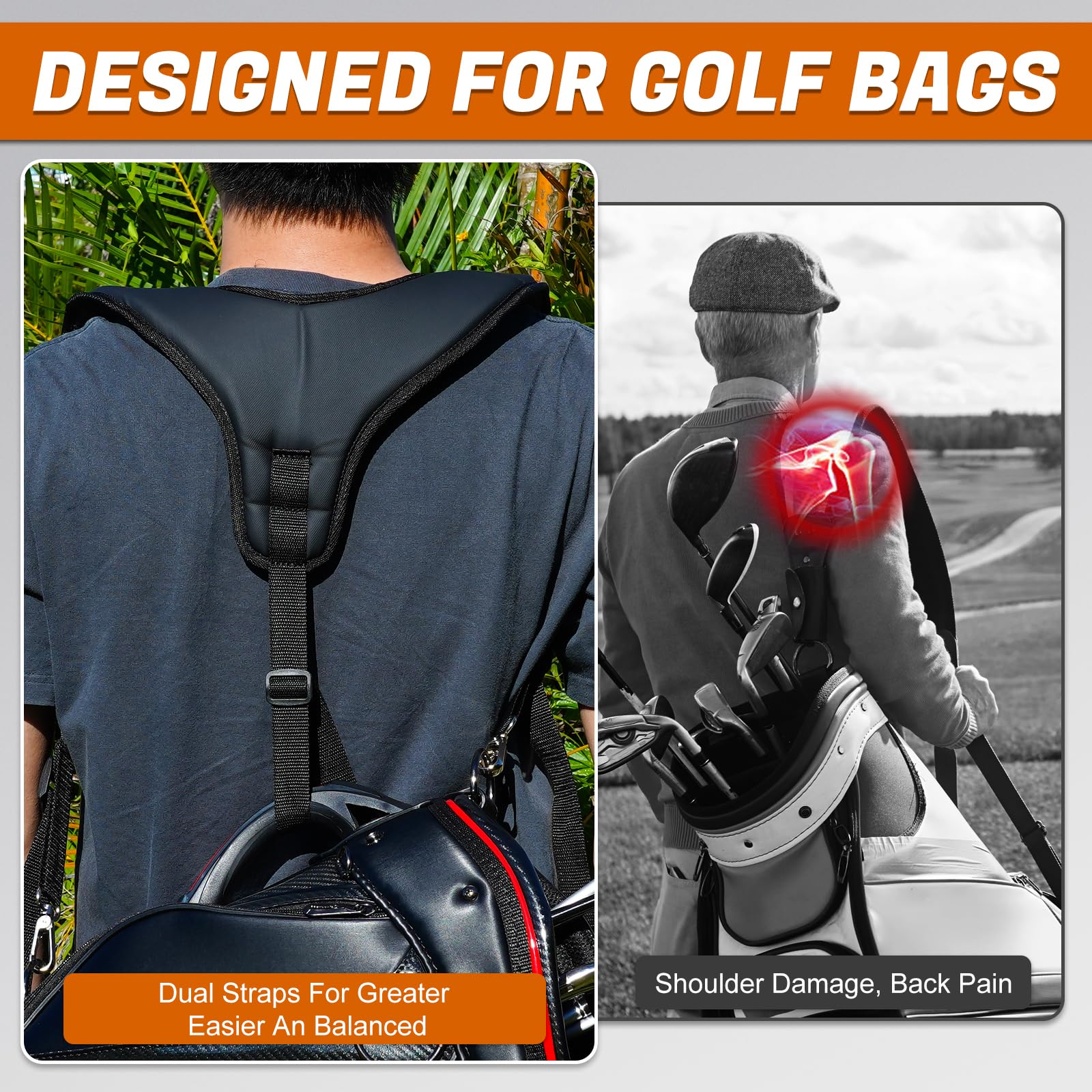 LZFAN Golf Bag Straps,Universal Replacement Double Shoulder Shoulder Straps,PU Leather Golf Bag Carry Strap (2 Hooks 1 Buckle) - Image 2