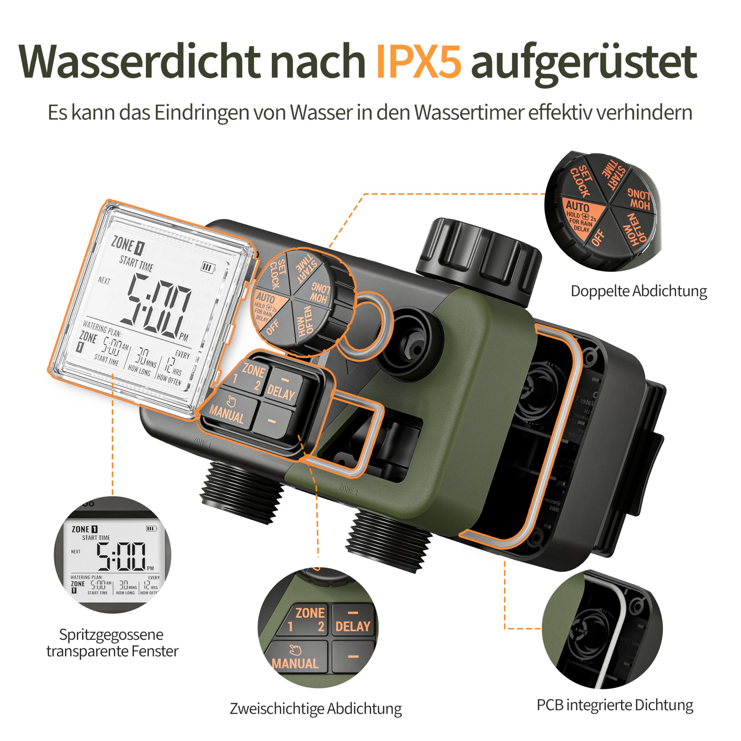 Diivoo IPX5 Bewässerungscomputer mit 2 Ausgängen, Großem LCD-Display, Bewässerungsuhr mit Regenverzögerung & Manuelle Bewässerung, Automatisch Zeitschaltuhr für Garten, Rasen