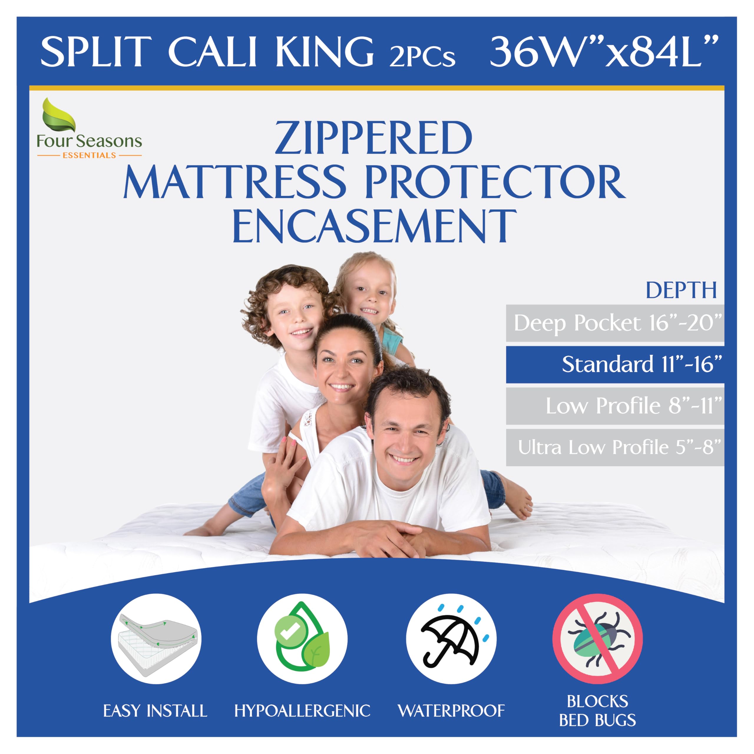 Split Cali King Mattress Encasement 36" x 84" (2PCs) - Waterproof Zippered Protector Hypoallergenic Premium Quality Cover for Adjustable Beds and Split Mattresses (11"-16" Depth)