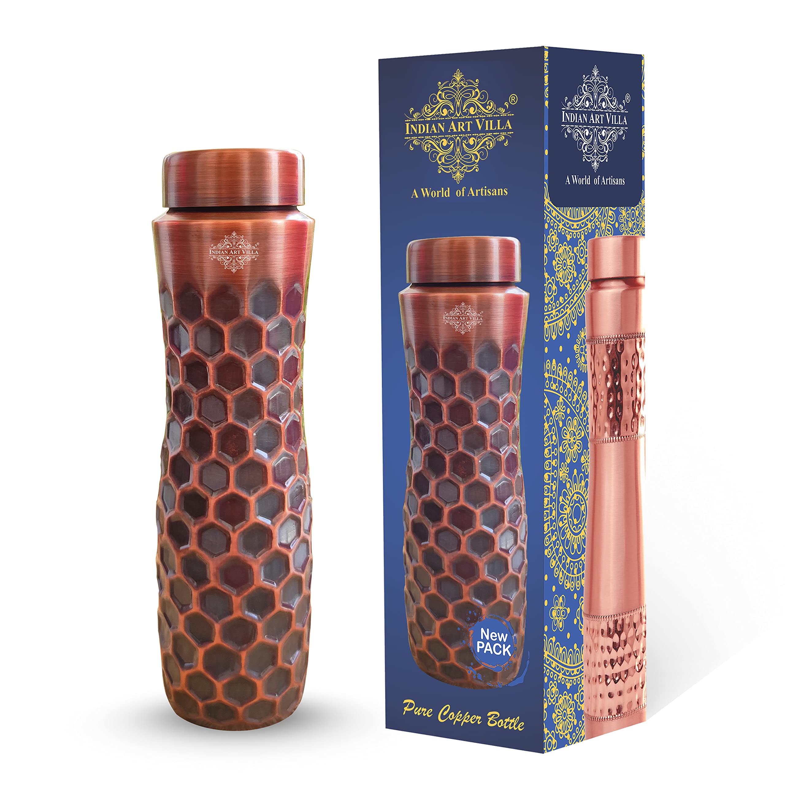 Indian Art Villa Antique Dark Finish Copper Water Bottle in Full Honeycomb Design, Drinkware, Storage Purpose, Volume- 34 Oz