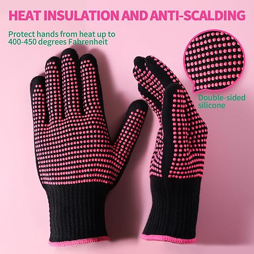 Miniatura 2 de Teenitor 2 guantes resistentes al calor con golpes de silicona, guantes profesionales a prueba de calor para peinar el cabello, rizador, hierro Rosa