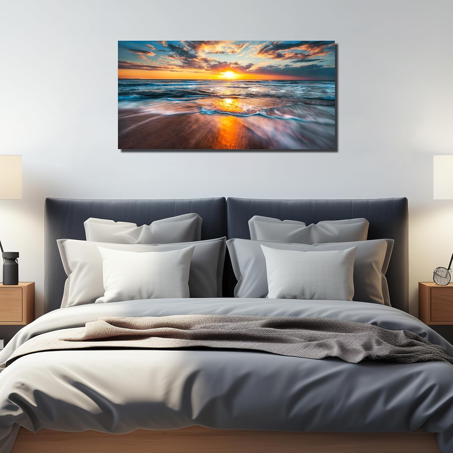 GUGIKA Sun Wall Art for Living Room, Blue Wave and Large Coastal Beach Wall-Decor for Bedroom, Gold Sun Scenery Poster Canvas Print, Size 40 x 20 Inches