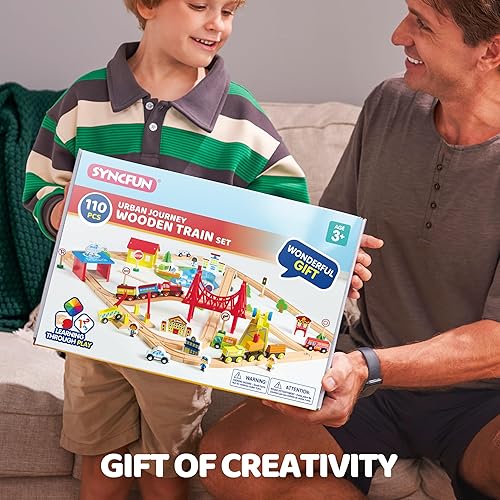 Miniatura 8 de Juego de tren de madera de 110 piezas, trenes magnéticos de juguete con pista de madera para niños de 3 a 8 años, juego de ferrocarril de escena de
