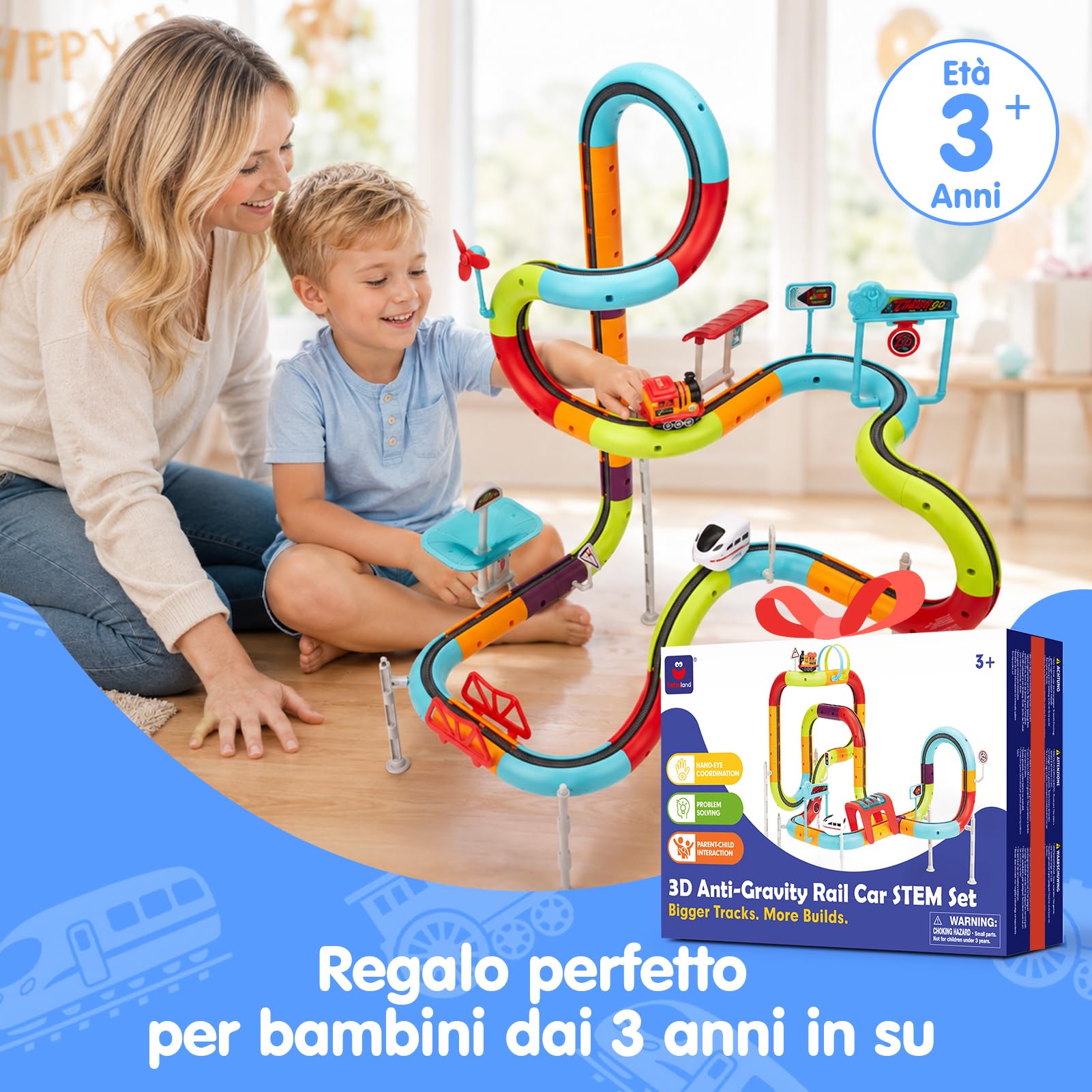 hahaland Pista Macchinine per Bambini 112 PCS, STEM Giochi Bambino 3-6 Anni | 2 Trenino Elettrico, 3D Antigravità Grande Pista, Smontabile e Ricomponibile, Regalo Bambino Maschio