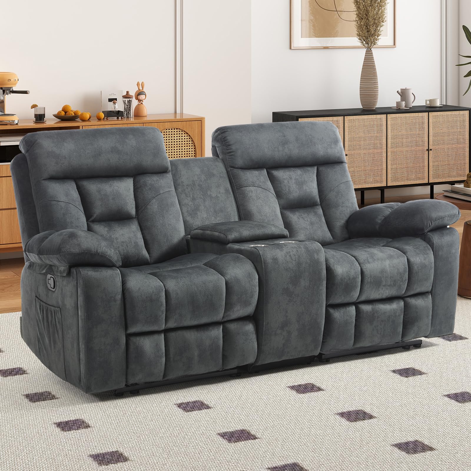 EBELLO Loveseat Recliner Sofa for Living Room, Extra Wide Modern Overstuffed 2 Seat Reclining Manual Sofa Chair, with Hidden Armrest Cup Holders,