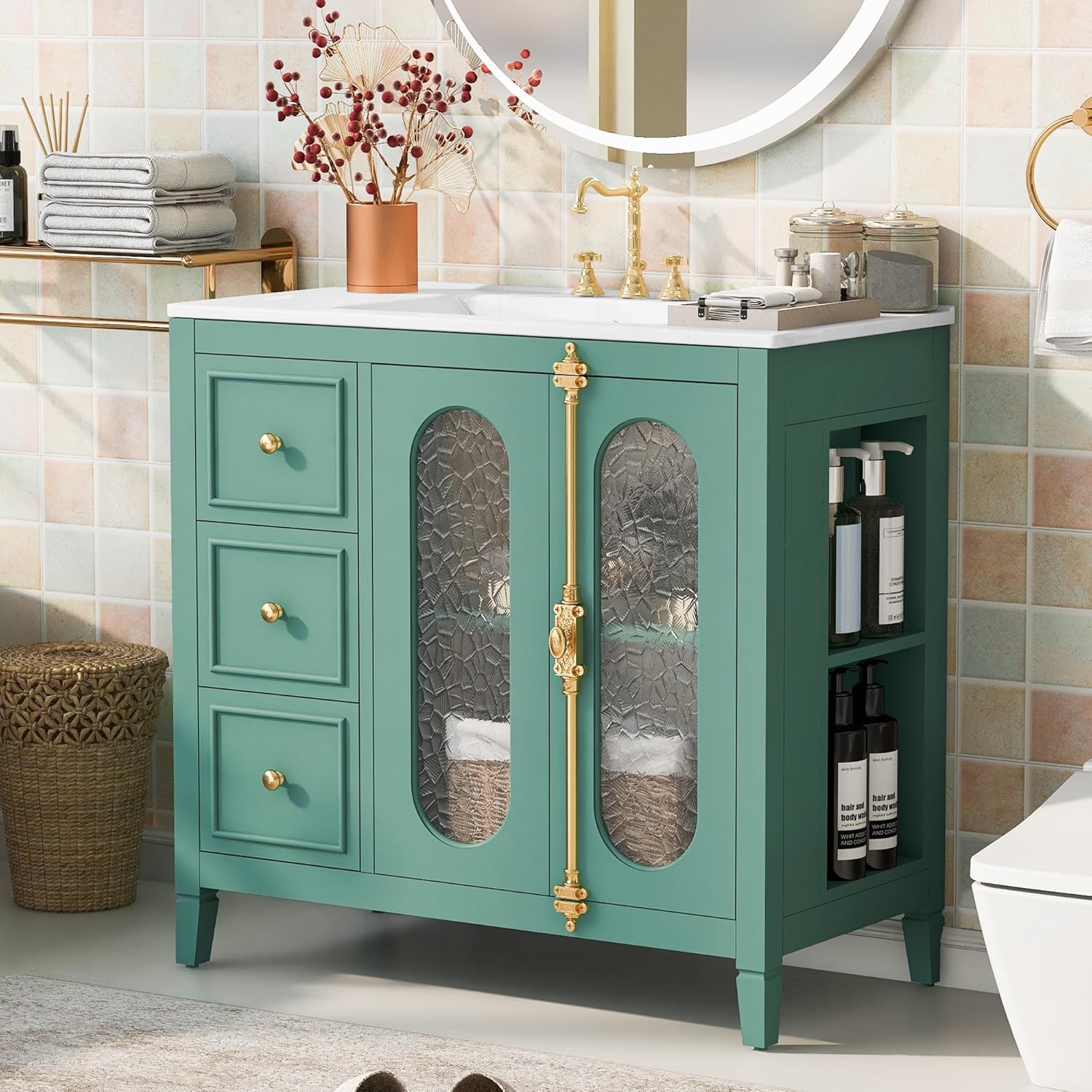 LUMISOL 36 Inch Bathroom Vanity with Sink, Free Standing Bathroom Sink Cabinet with 3 Drawers, 2 Glass Door & Side Storage, Vintage Bathroom Vanities with Ceramic Sink, Solid Wood Frame, Green
