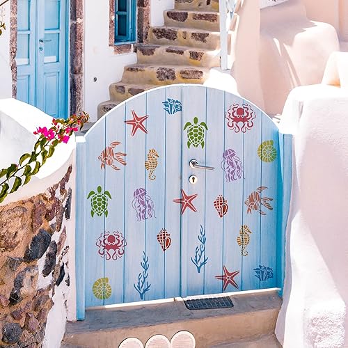 Miniatura 7 de BENECREAT Plantilla de pintura de criaturas marinas, tortuga, pulpo, medusas, caracola, coral, criaturas oceánicas, plantillas para manualidades,