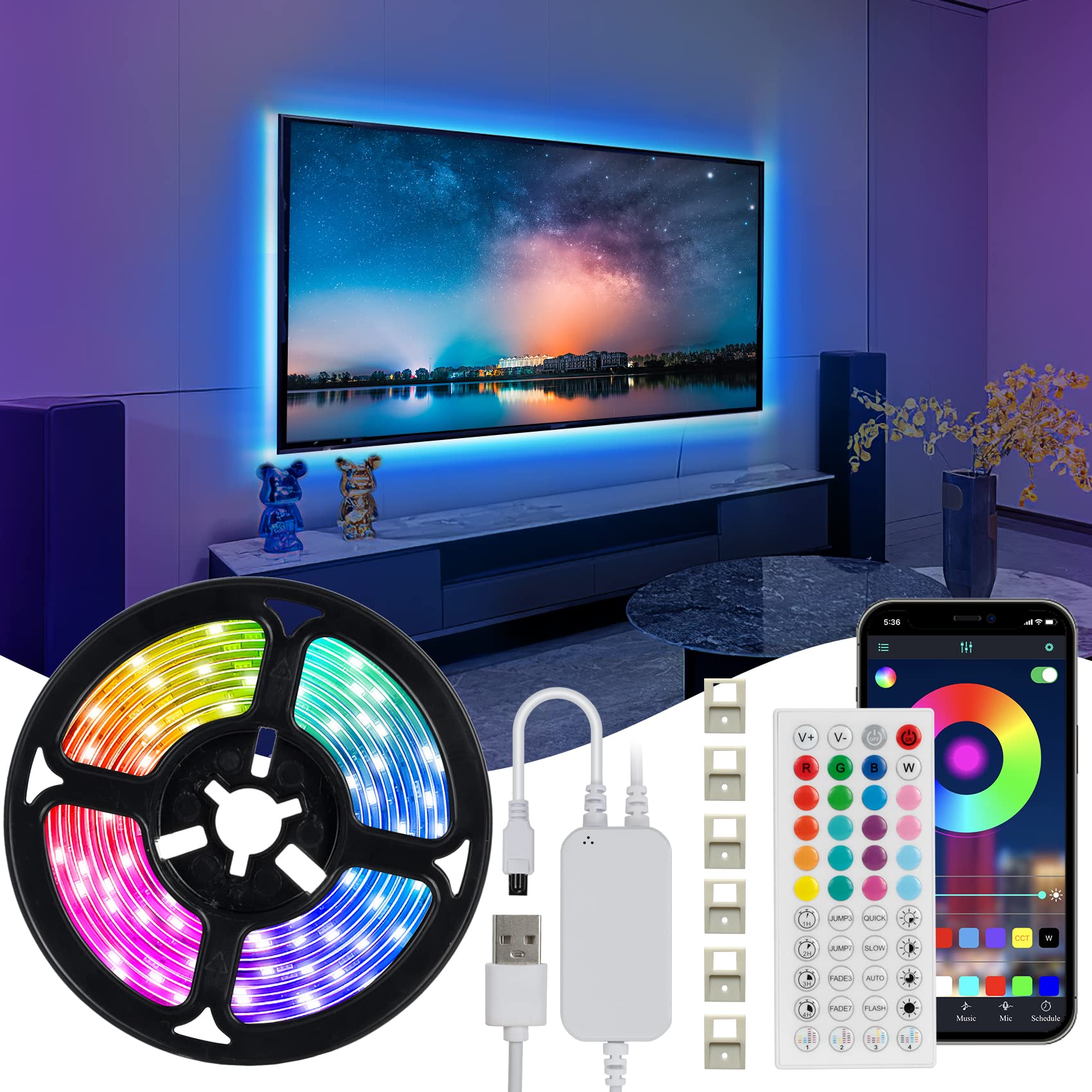 Hoobabuy LED TV Hintergrundbeleuchtung, LED Strip 5m geeignet für 55-75 Zoll Fernseher und PC, App-Steuerung und Fernbedienung, RGB, USB-Betrieb