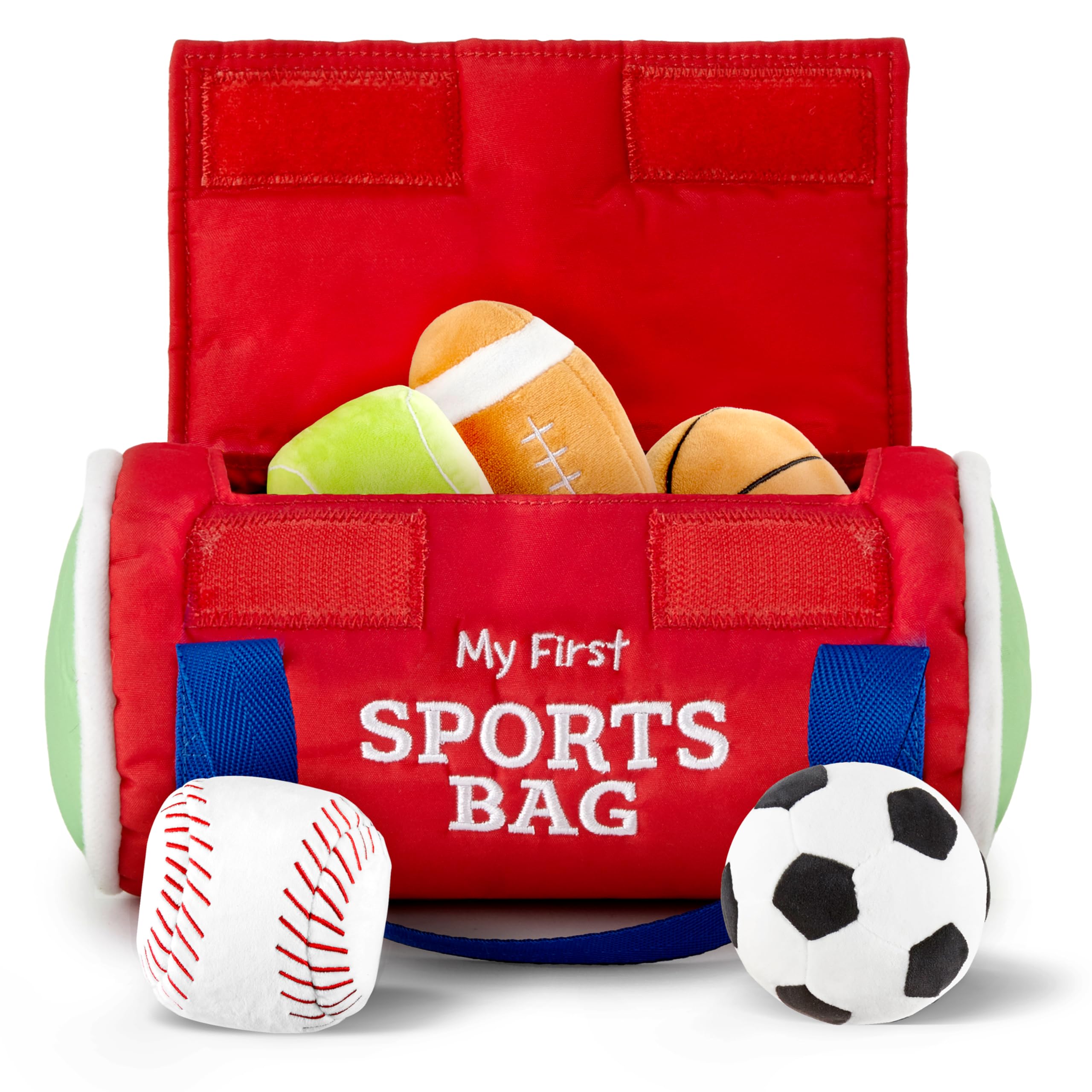 Kidaddle Baby's First Sports Bag - Large, Plush Sensory Balls with Travel Bag, Toddler Sports Bag with Rattling Football, Squeaky Soccer Ball, Crinkle Baseball Toy and More!