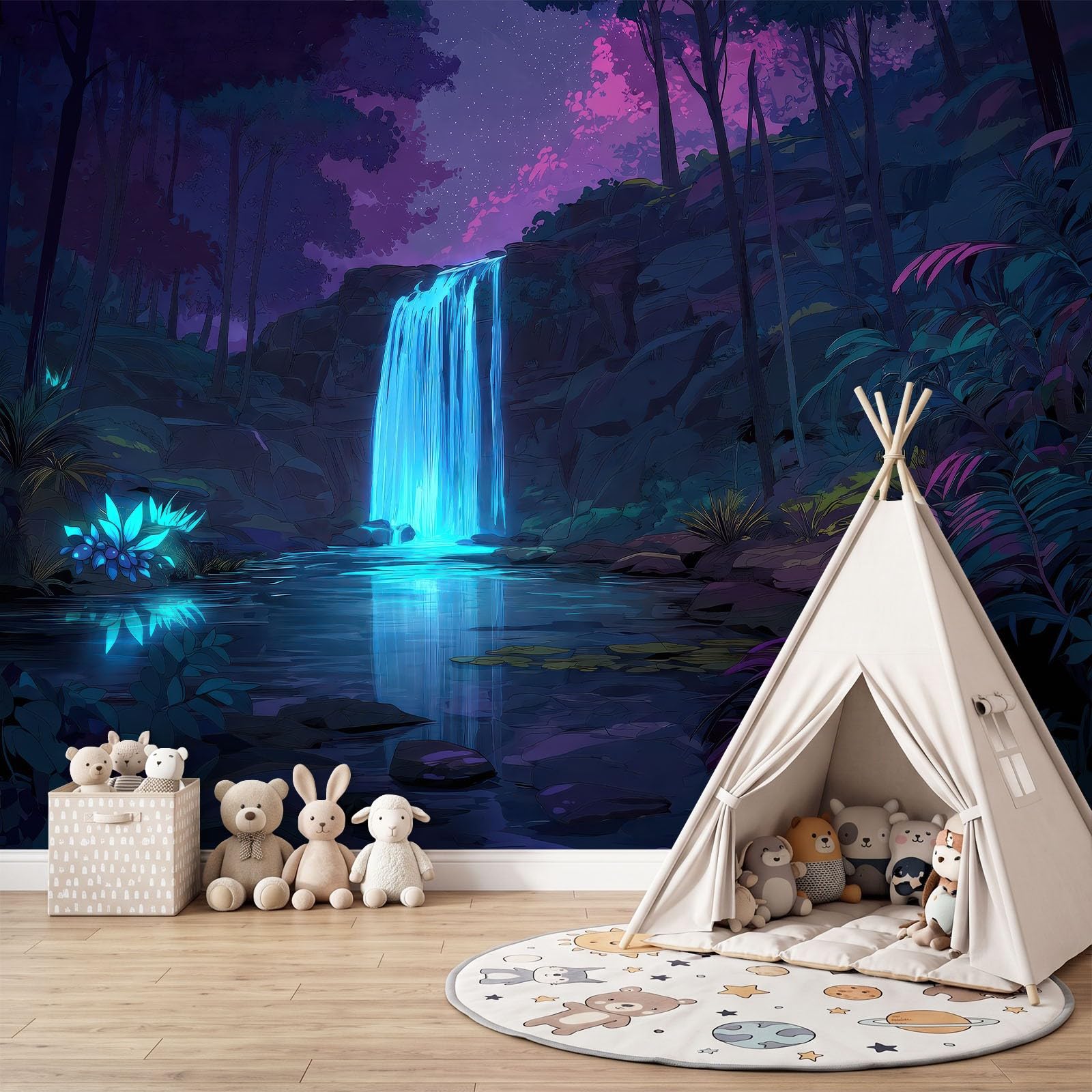 500 x 280 cm, fototapeta z włókniny, bajeczny widok nocny, wodospad, las, fototapeta, do salonu, tapeta na flizelinie, efekt 3D, tapeta z włókniny, odporna na promieniowanie UV, tapeta ścienna