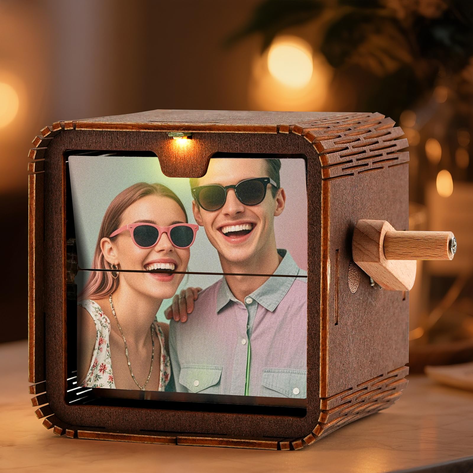 Personalized Hand Crank Photo Album with Music Playback | Custom Mini Photo Flip Book Frame with Light | Creative Mechanical Flipbook Gift for Couples
