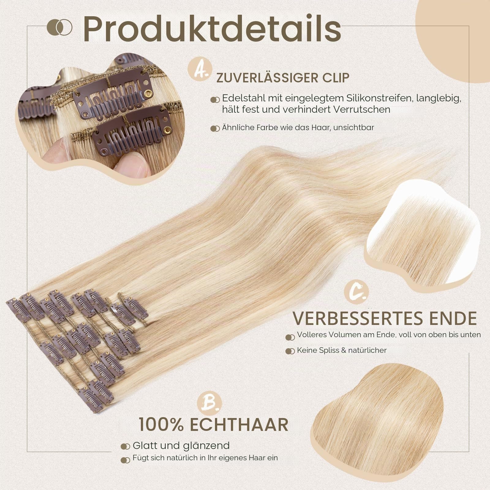Elailite Voller Kopf Haarverlängerung Echthaar Clip -(8 PCS 18 Clips Hair Extensions Clip in Bayalage) - glatt, #18/613 Aschblond＆Gebleichtes Blond 60cm 80g