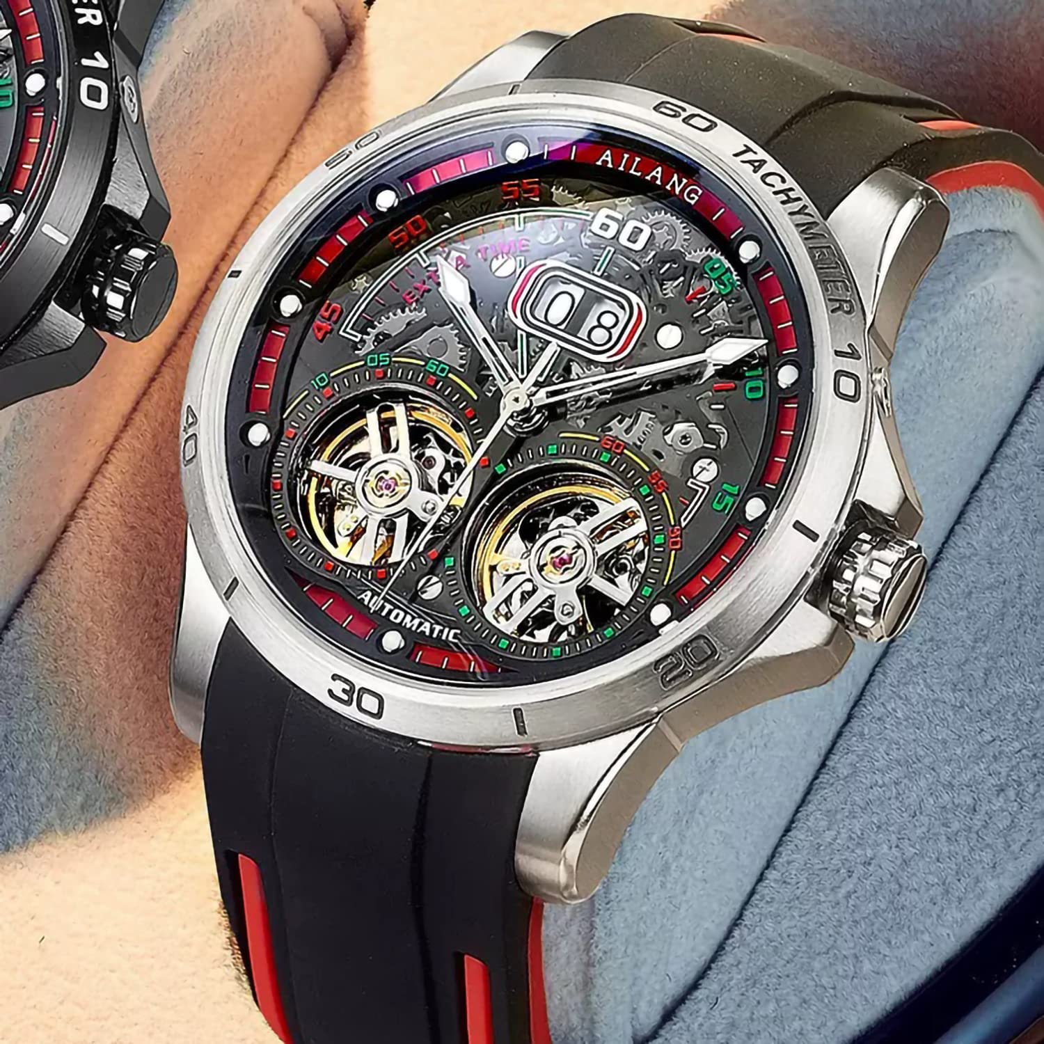 TEINTOP Reloj mecánico automático de los hombres de los relojes del esqueleto con ruedas de equilibrio dual, Plata y rojo., Casual