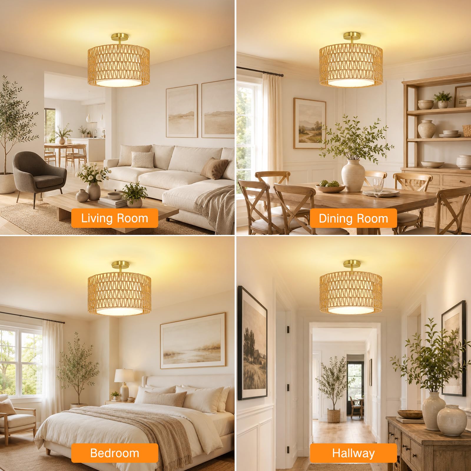 OUTON Plafoniera Boho in Rattan, 3 Luci, Ø43 cm, Dorata | Rattan naturale e paralume interno in tessuto, per soggiorno, camera, cucina e sala da pranzo, 3 x E27, lampadine escluse