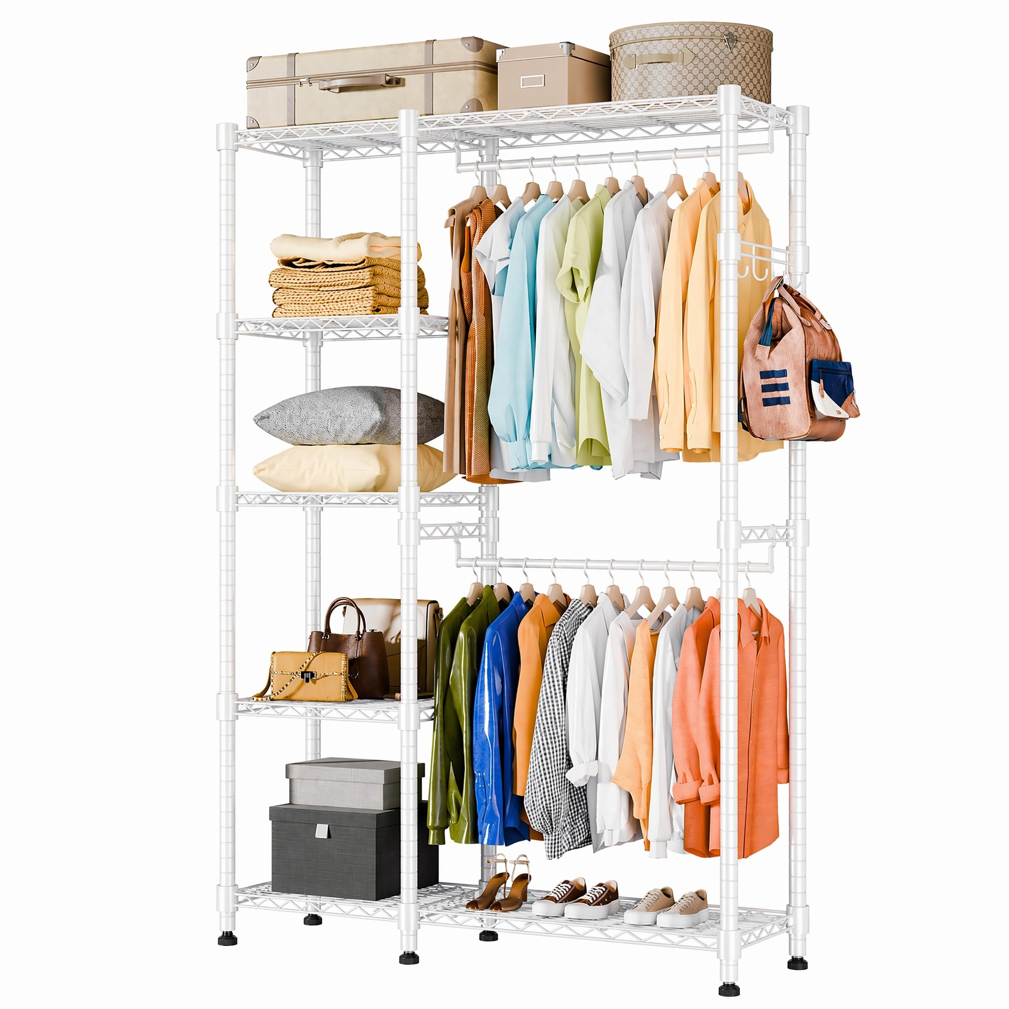 Himimi Open Wardrobe for Bedroom, Heavy Duty Clothes Rail with 2 Hanging Rods & 5 Tier Adjustable Wire Shelves, Metal Garment Rack, Free Standing Clothes Storage Organiser, 114 x 44 x 195 cm, White