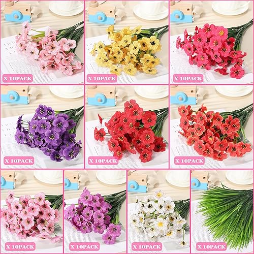 Vista 34 de Lyrow 100 paquetes de flores artificiales violetas, flores sintéticas resistentes a los rayos UV para exteriores, flores de seda sintética, flores