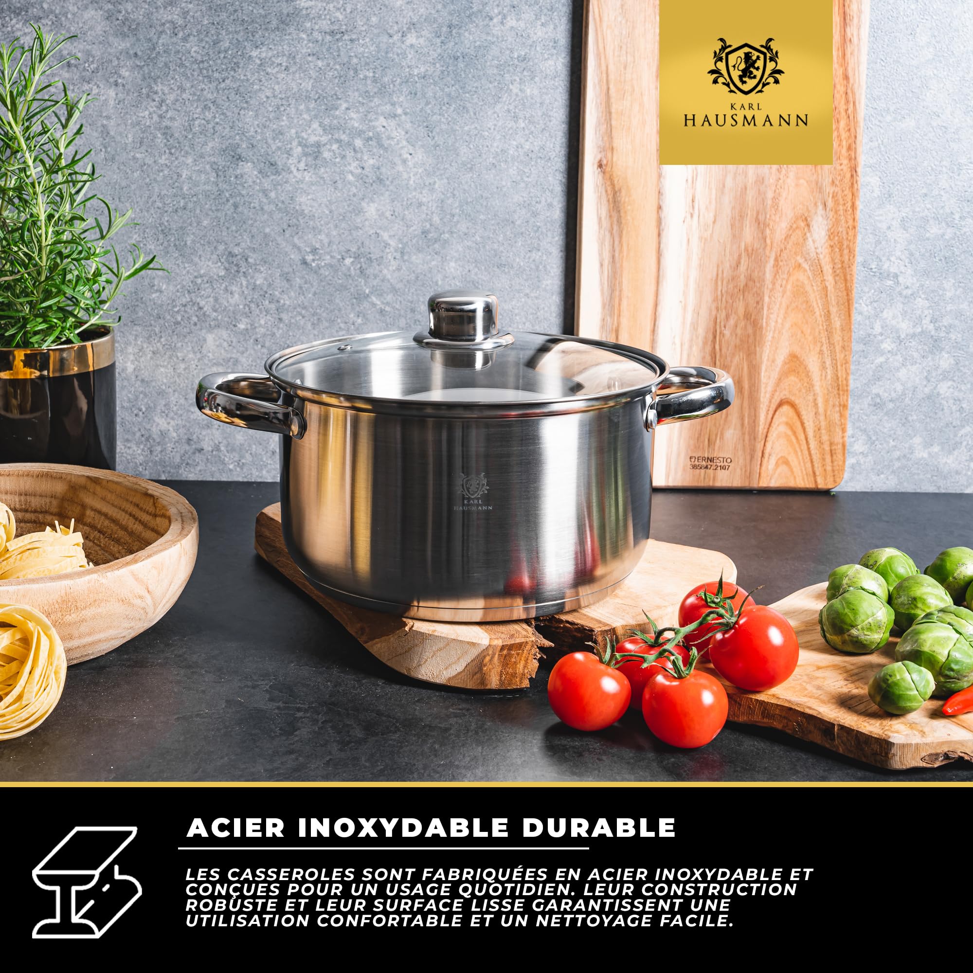 KARL HAUSMANN Lot de 4 Casseroles Induction Inox - Avec Couvercle Verre - Sans Revêtement - Compatibles Cuisinière, Gaz, Électrique - Graduation Intégrée - Set Casserole Tout Feux Cuisine
