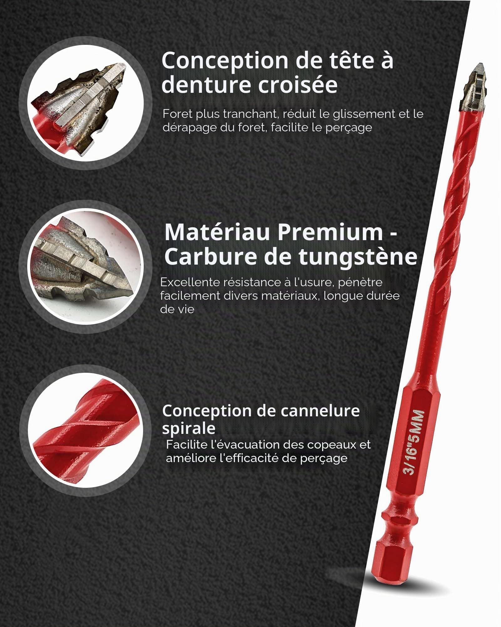 FOCSTOL Set de Foret Sec - 10 Pièces 5/6/8/10/12mm Foret Excentrique Dentelé avec Changement Rapide Tige Hexagonale pour Bois Plastique Maçonnerie Céramique Béton Marbre
