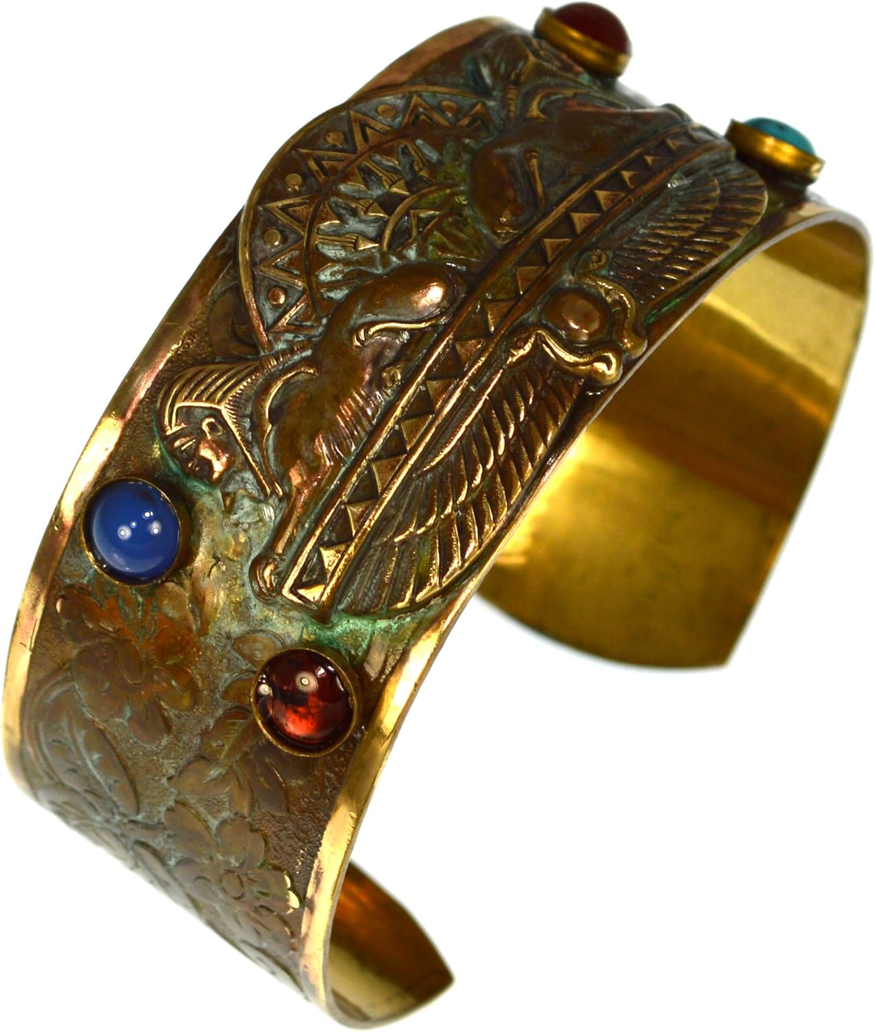 Elaine Coyne Collectible Artwear Egyptian Motif Patina Brass Dual Sphinx Cuff Bracelet - Semiprecious Stones