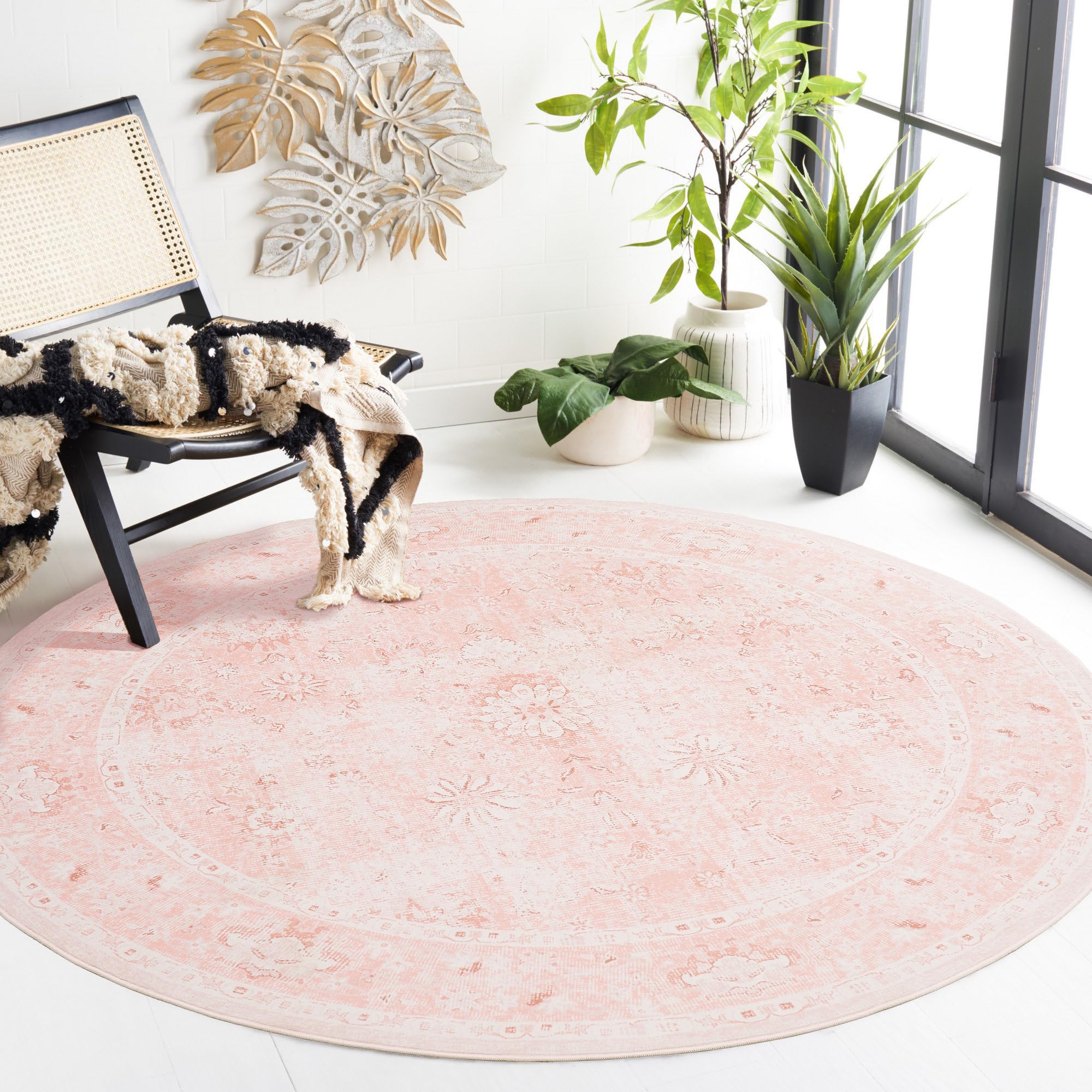 LIMON HOME Pink Rug 6 FT Washable Non-Slip,Floral Vintage Distress Print Pattern Floral Carpet for Living Room Bedroom Dining Room,Blush Cute Rug
