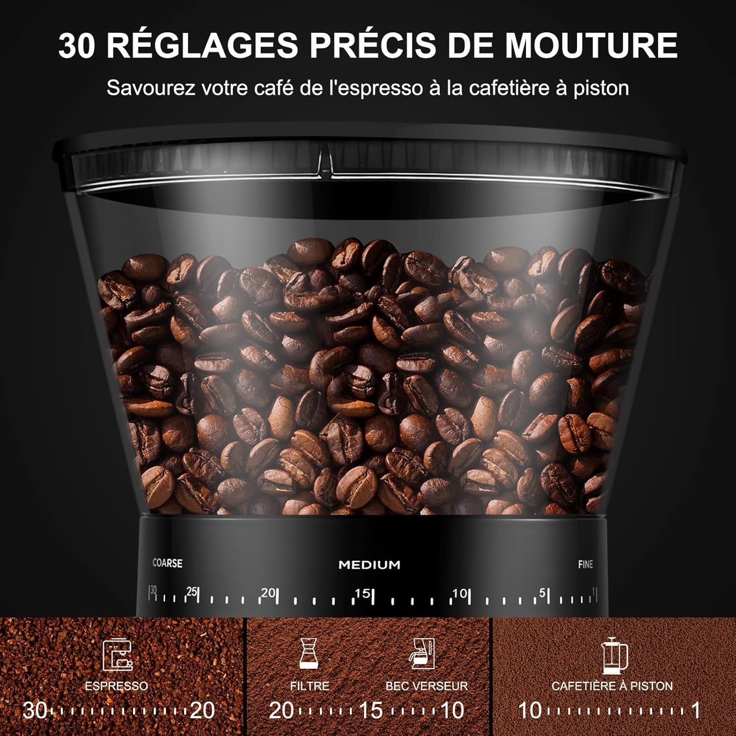 AMZCHEF Moulin à Café Electrique 160 W | 30 Réglages de mouture grossière à fine | 1-12 Tasses ou jusqu'à 40 secondes | Capacité de 300 g | Moulin a cafe en écran LCD et Minuterie Numérique | Argent