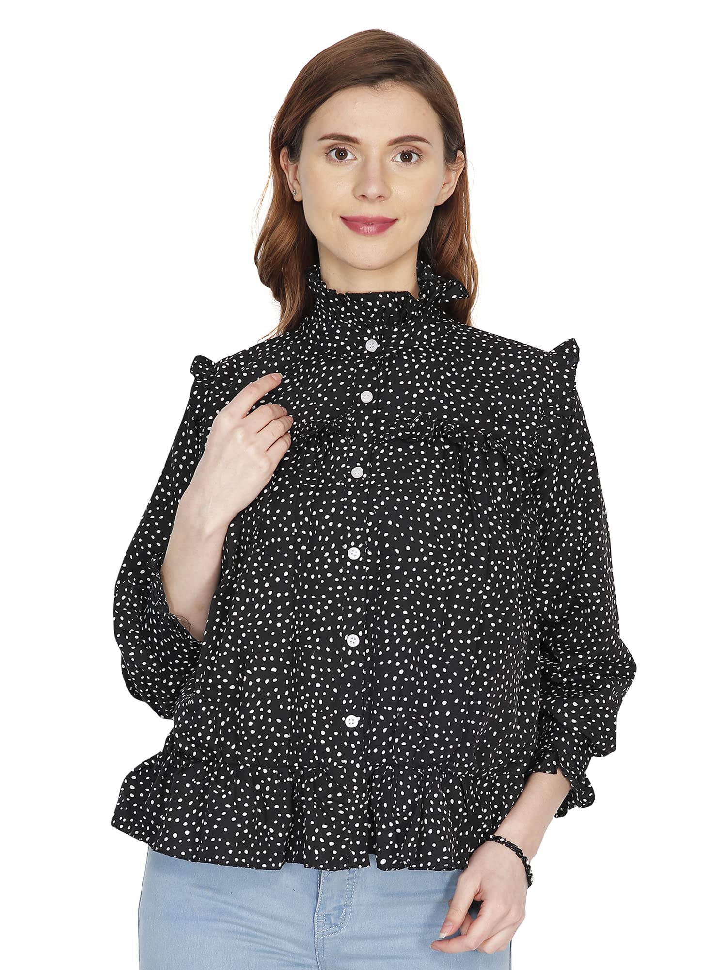 QebooWomen's Casual Polka Dot Georgette High Neck Ruffle Shirt Top with 3/4th Puffed Sleeve for Women/Girls (WTOP-D5-$)