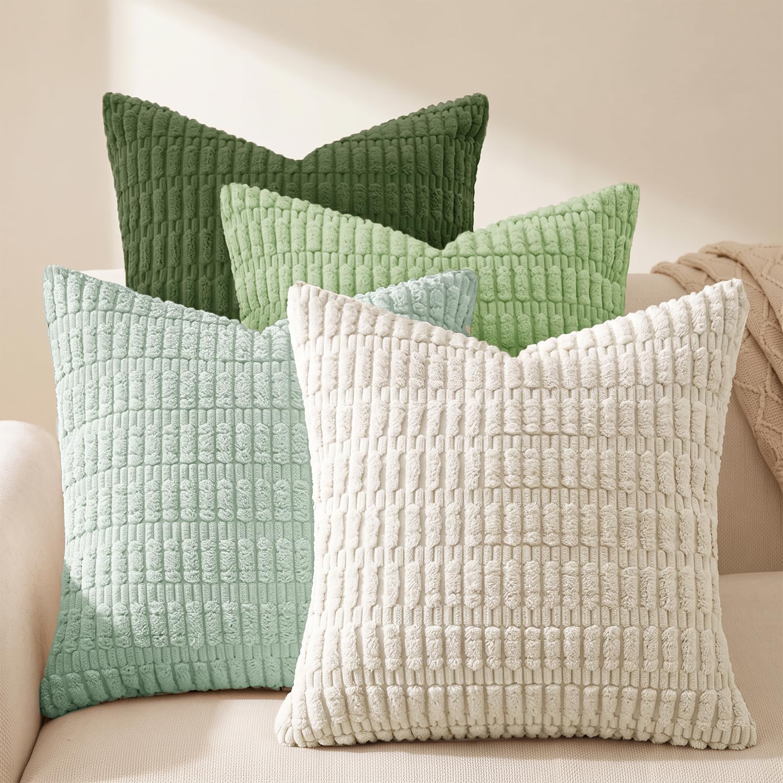 Set of 4 Corduroy Soft Striped Cushion Covers 45x45 cm, Boho Decorative Square Throw Pillow Covers 18x18 Inch with Invisible Zipper for Sofa Couch Bedroom Home Decorative Fluffy Large Pillowcases