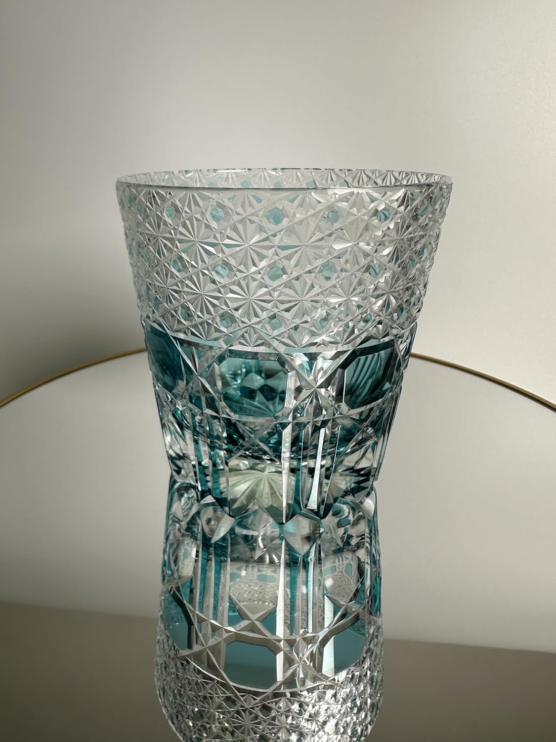 Hand-Cut Whiskey Glass – Japanese-Style Edo Kiriko Inspired Sea Aquamarine Fluorite Tumbler, 10oz Lead-Free Blown Glass with Faceted Blue Design