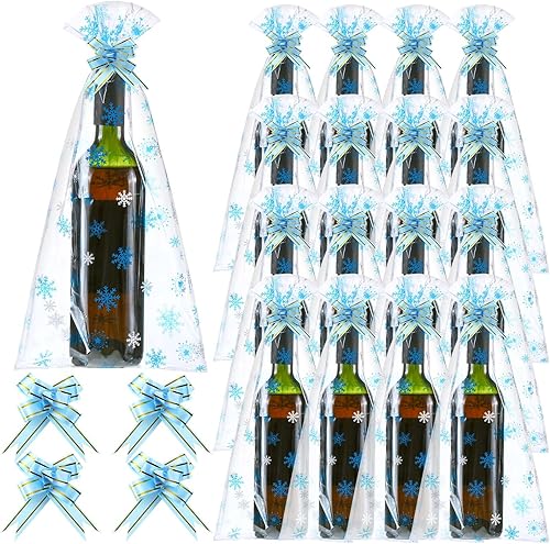 Teling Juego de 160 bolsas de regalo para botellas de vino de Navidad, bolsas de celofán, incluye 80 bolsas de envoltura de vino y 80 lazos para